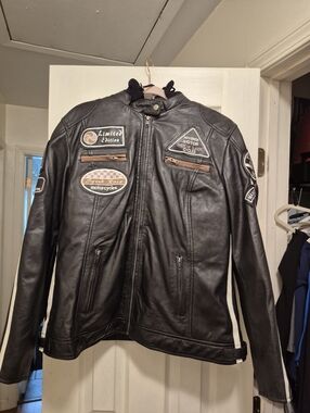 Men's Black Leather Motorcycle Jacket with Patch Details